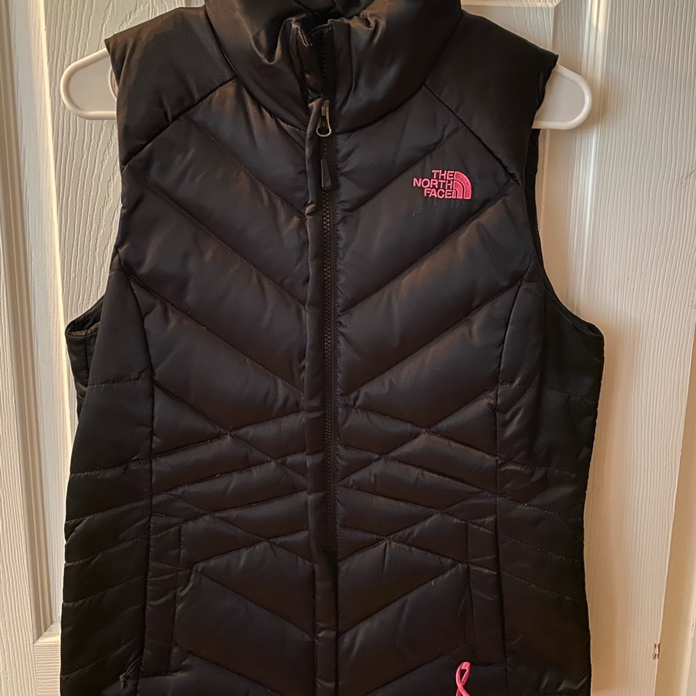 The North Face Black Puffer Vest with Pink Logo